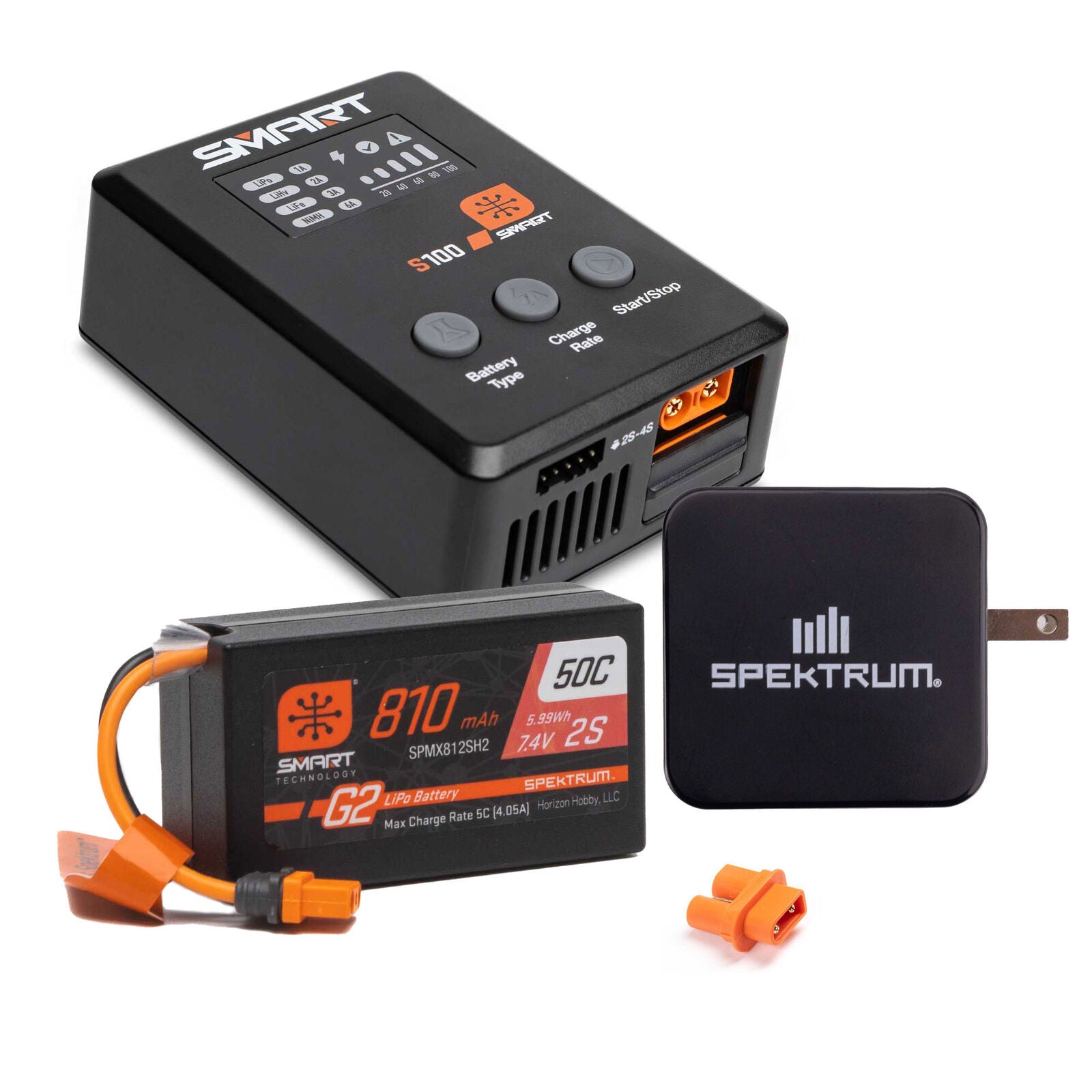 Spektrum Smart Powerstage Surface Bundle: 810mAh 2S 50C LiPo Battery (IC2) / S100 Charger / 65W Power Supply / Adapter